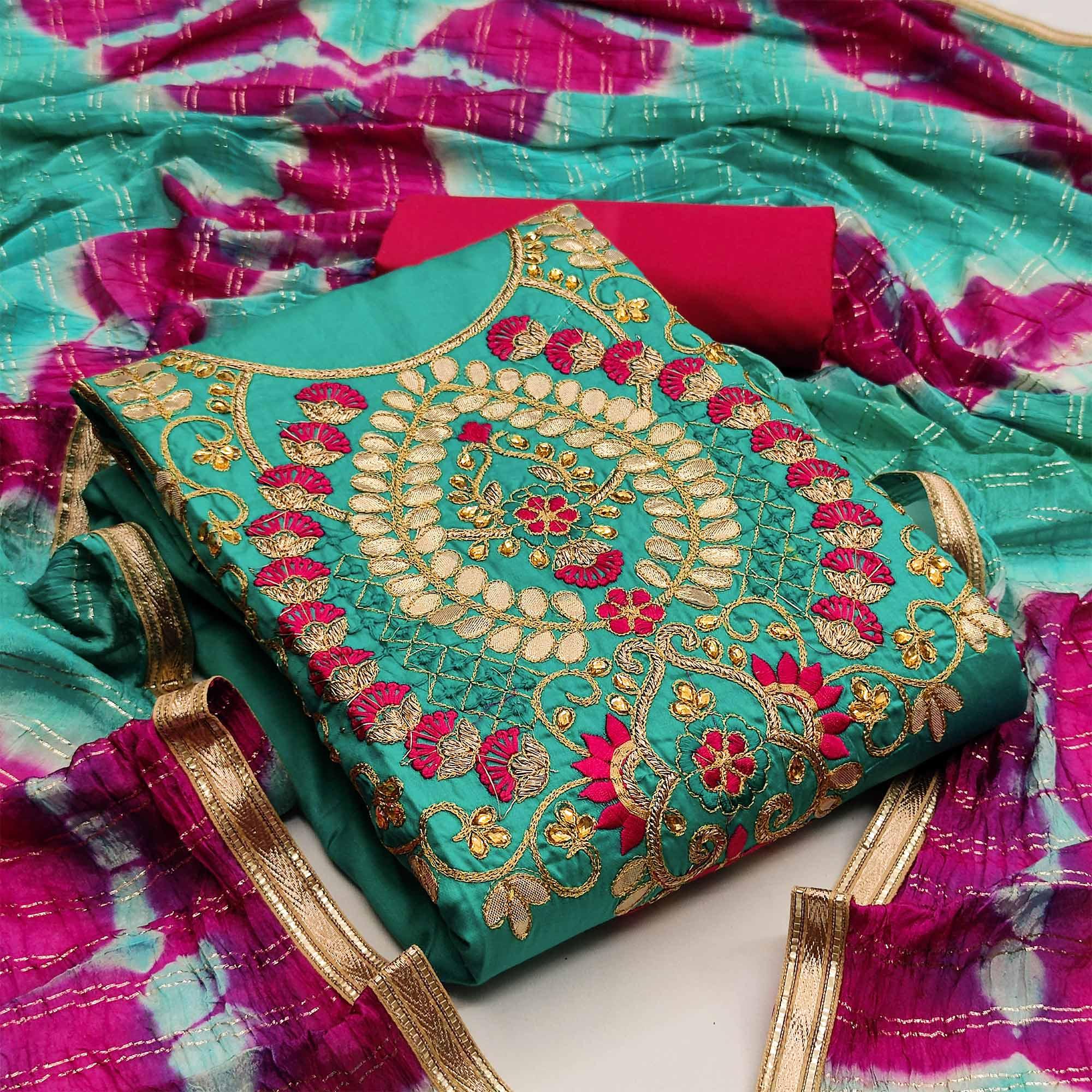 Green Casual Wear Floral Embroidery With Hand Work Cotton Dress Material - Peachmode