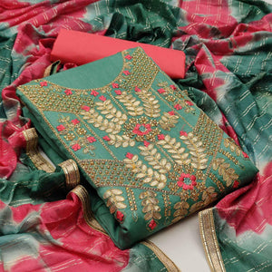 Green Casual Wear Floral Embroidery With Hand Work Cotton Dress Material - Peachmode