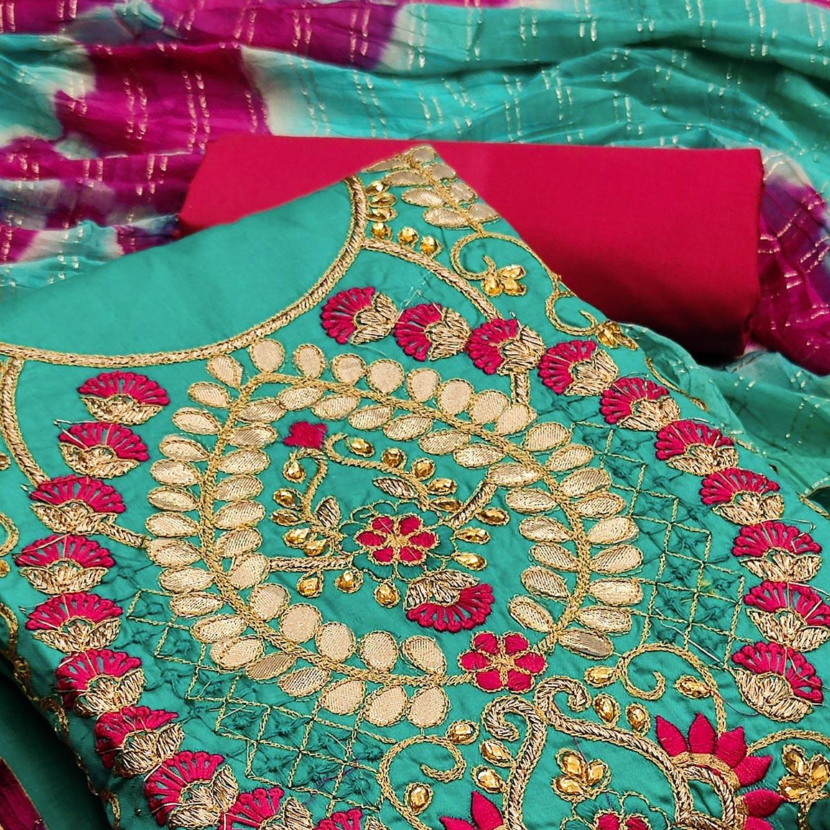 Green Casual Wear Floral Embroidery With Hand Work Cotton Dress Material - Peachmode