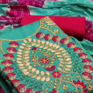 Green Casual Wear Floral Embroidery With Hand Work Cotton Dress Material - Peachmode