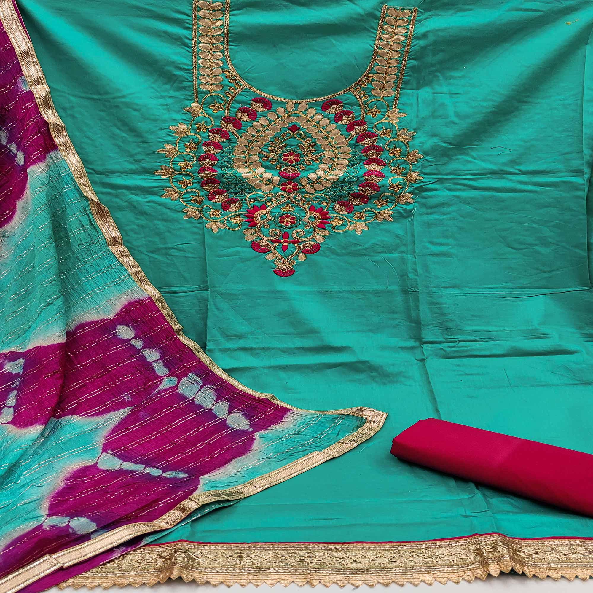 Green Casual Wear Floral Embroidery With Hand Work Cotton Dress Material - Peachmode