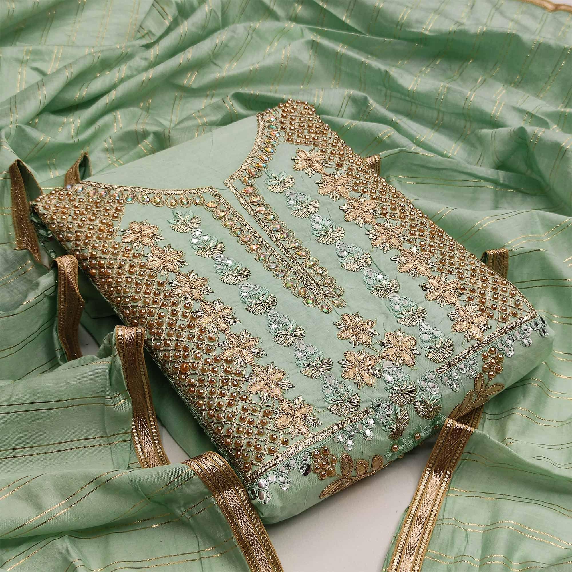 Green Casual Wear Floral Embroidery With Hand Work Modal Chanderi Dress Material - Peachmode