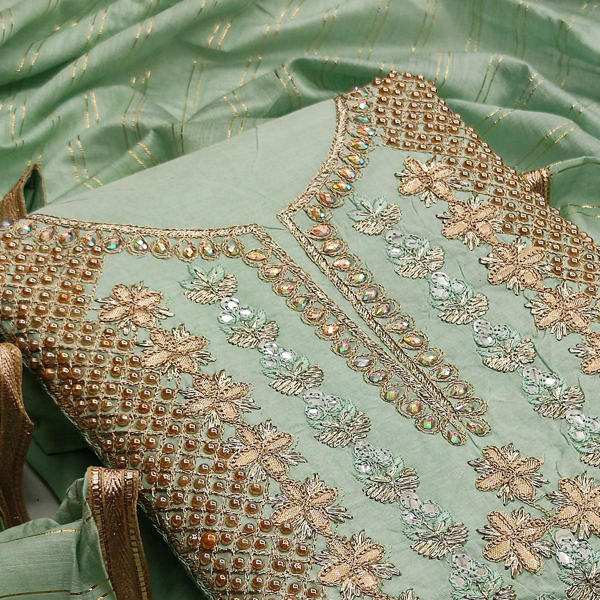 Green Casual Wear Floral Embroidery With Hand Work Modal Chanderi Dress Material - Peachmode
