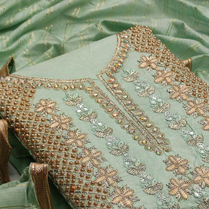 Green Casual Wear Floral Embroidery With Hand Work Modal Chanderi Dress Material - Peachmode