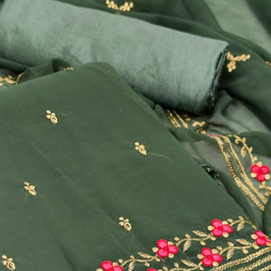 Green Casual Wear Floral Embroidery Work Georgette Dress Material - Peachmode