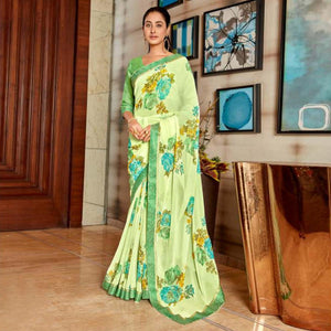 Green Casual Wear Floral Foil Printed Pure Georgette Saree - Peachmode