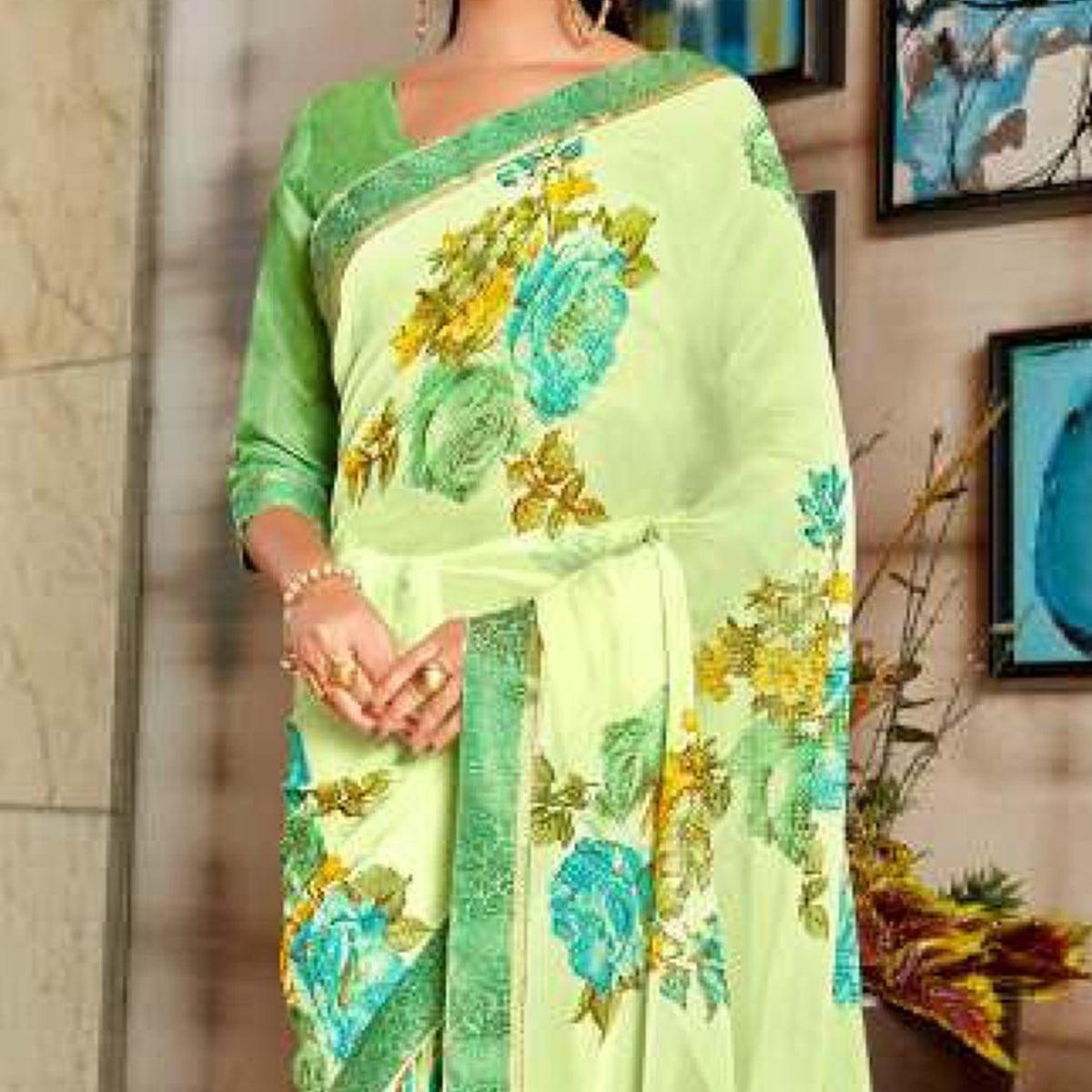 Green Casual Wear Floral Foil Printed Pure Georgette Saree - Peachmode