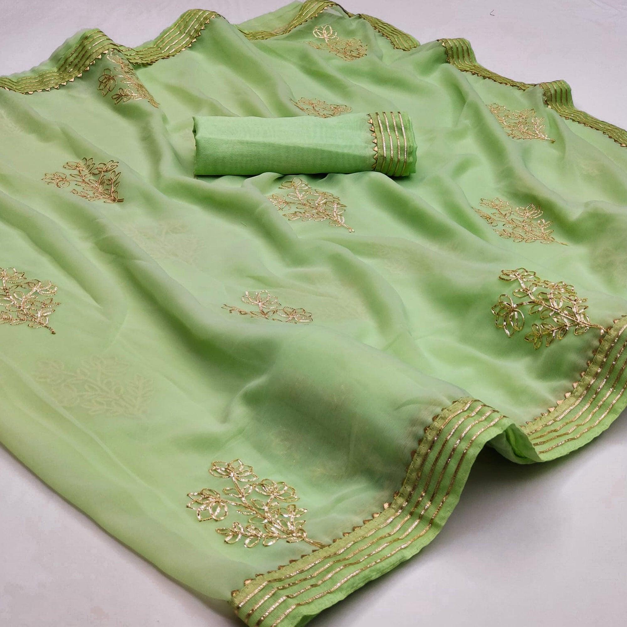 Green Casual Wear Floral Gotta Work Chiffon Saree - Peachmode