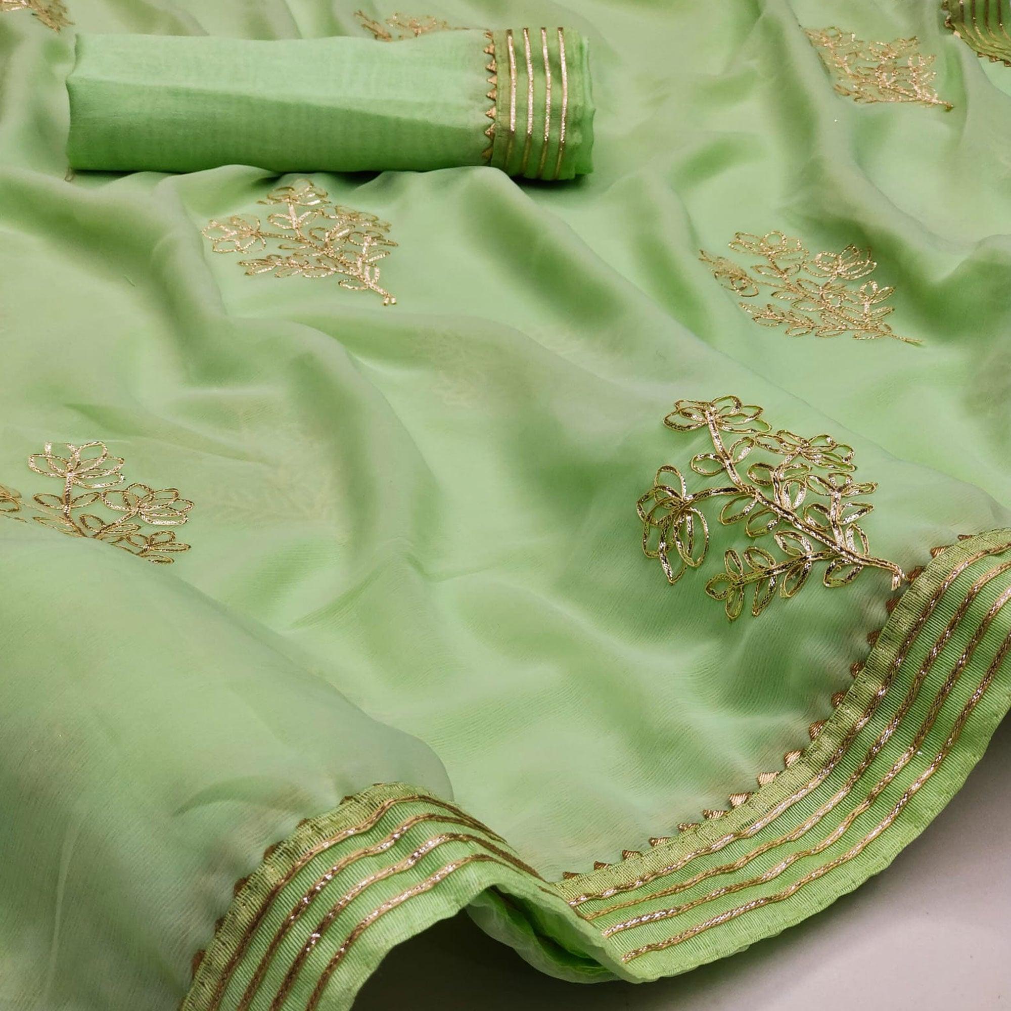 Green Casual Wear Floral Gotta Work Chiffon Saree - Peachmode
