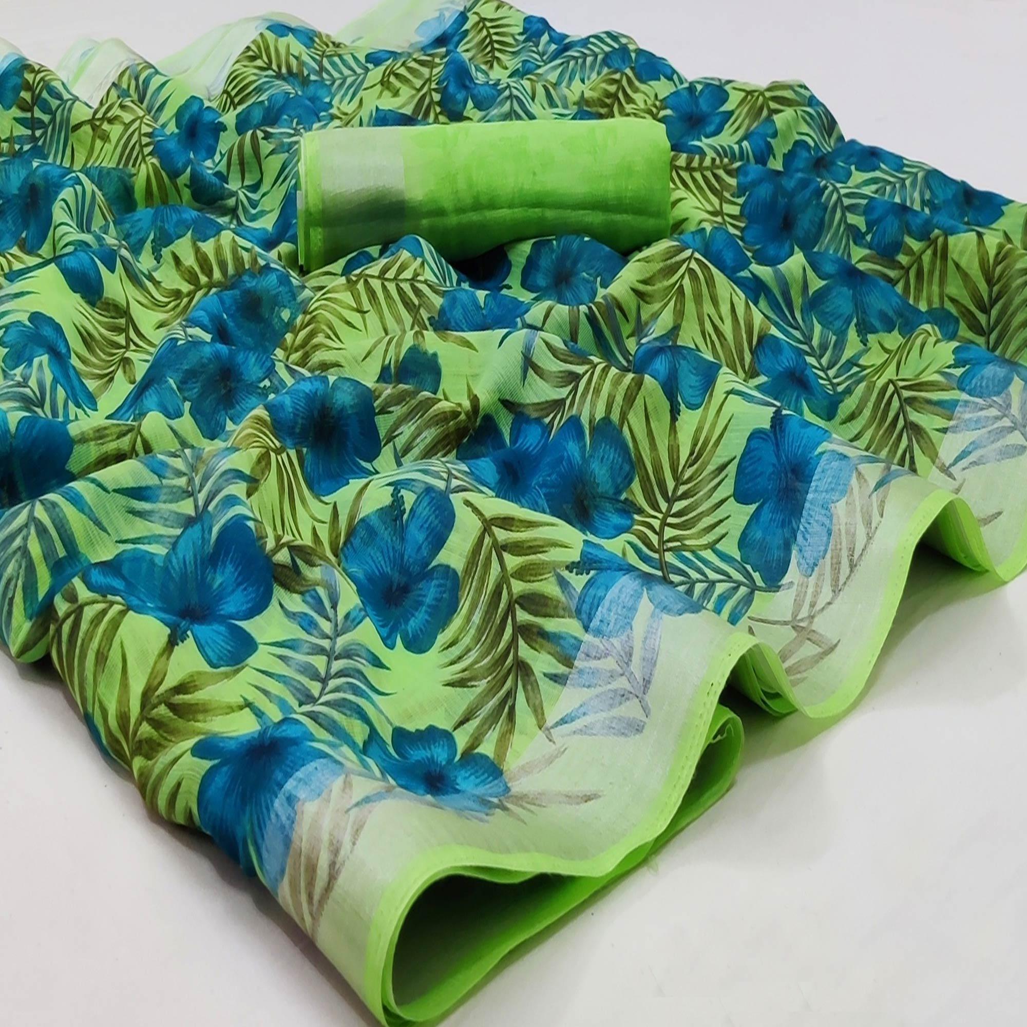 Green Casual Wear Floral Mill Printed Cotton Saree With Zari Border - Peachmode