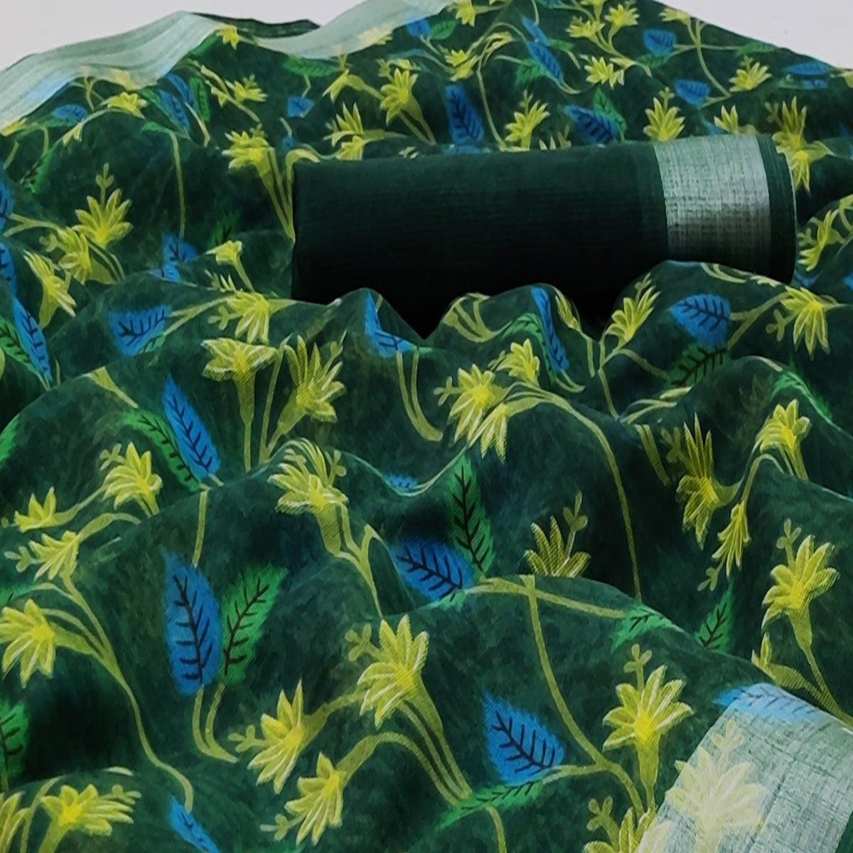 Green Casual Wear Floral Mill Printed Cotton Saree With Zari Border - Peachmode