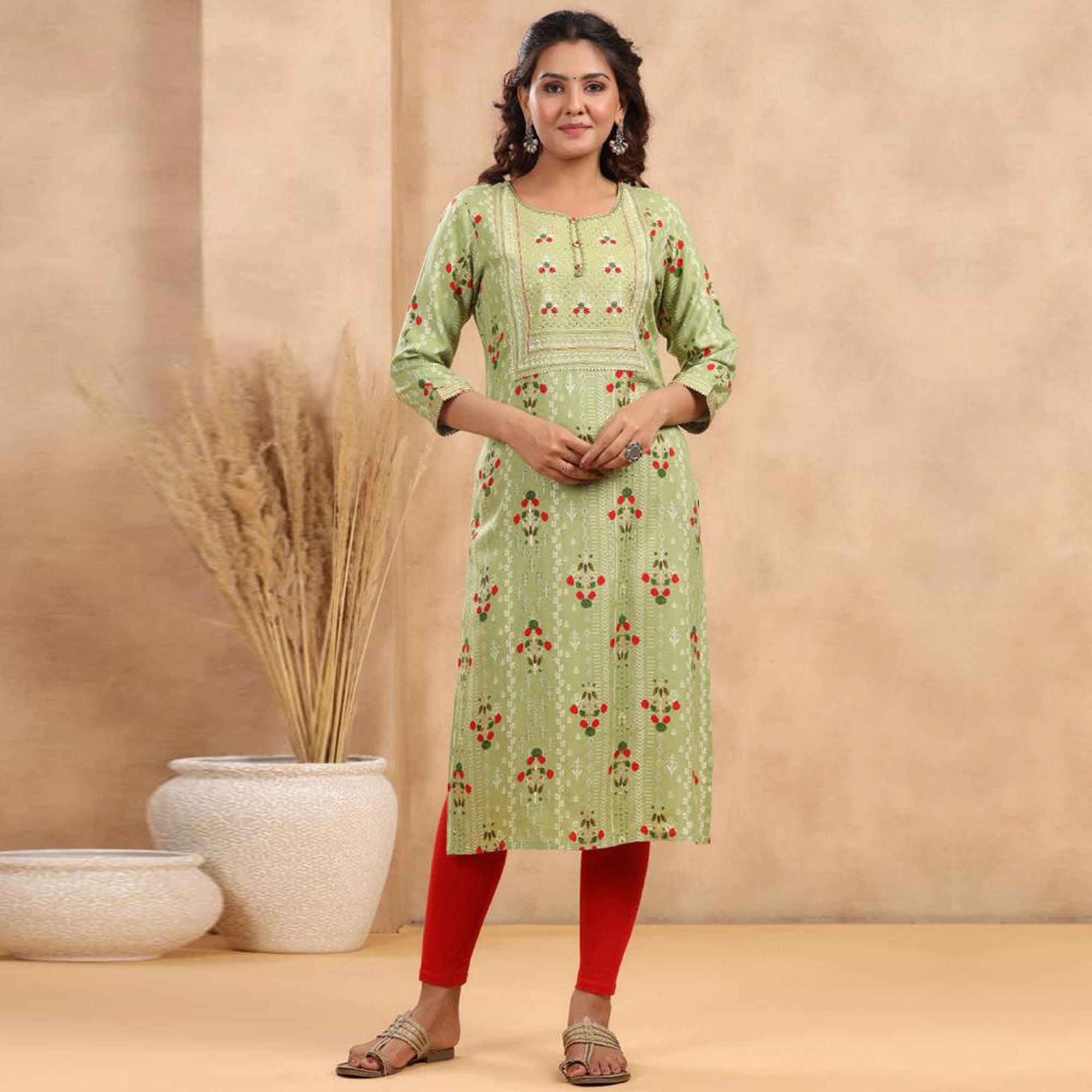 Green Casual Wear Floral Print With Sequence Rayon Kurti - Peachmode
