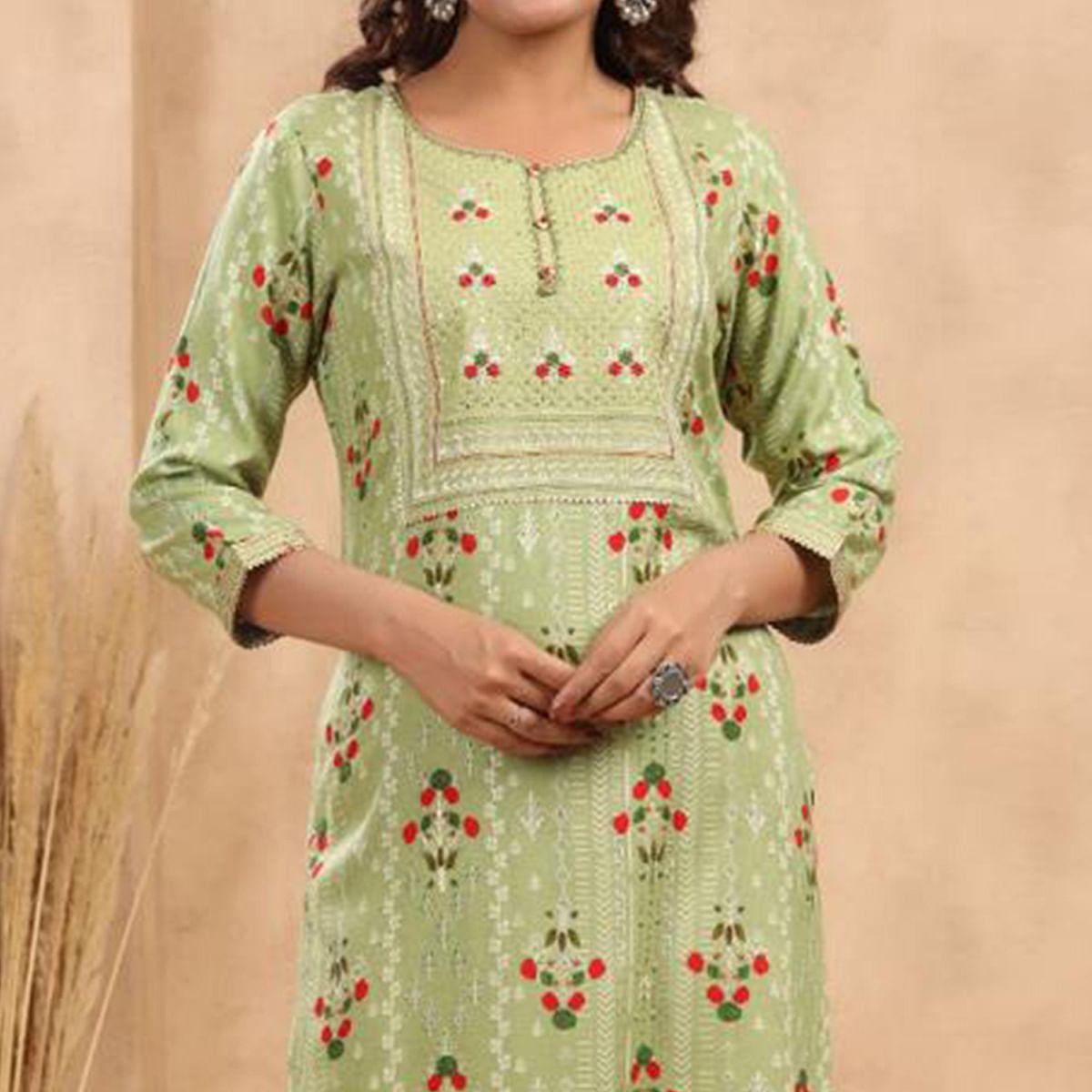 Green Casual Wear Floral Print With Sequence Rayon Kurti - Peachmode