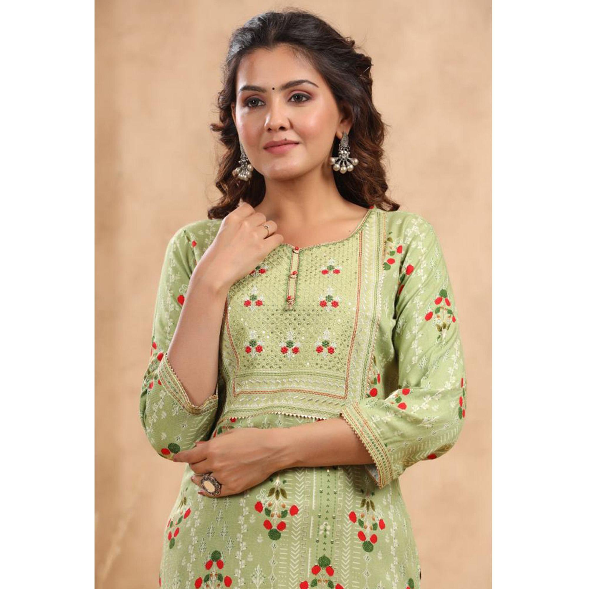 Green Casual Wear Floral Print With Sequence Rayon Kurti - Peachmode