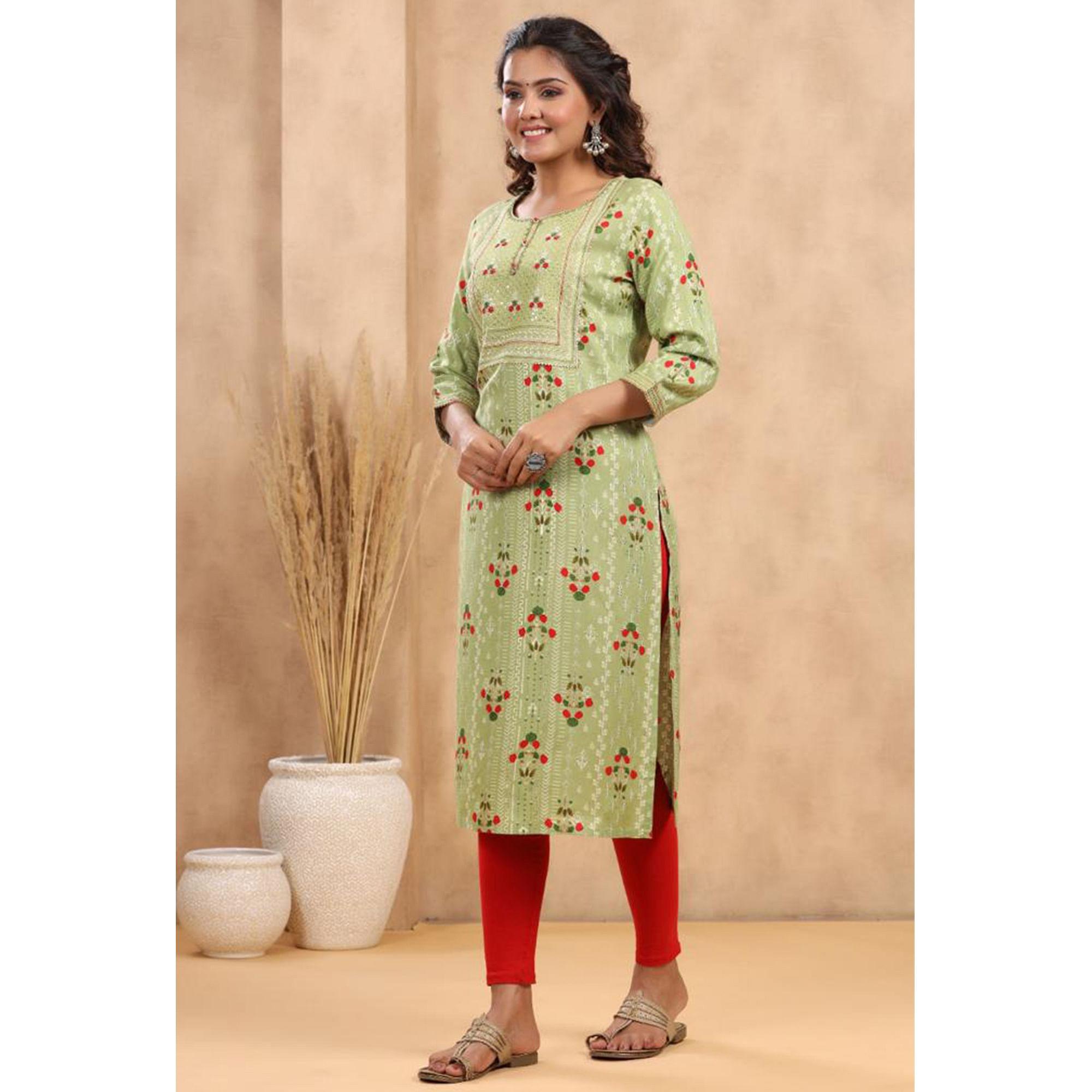 Green Casual Wear Floral Print With Sequence Rayon Kurti - Peachmode