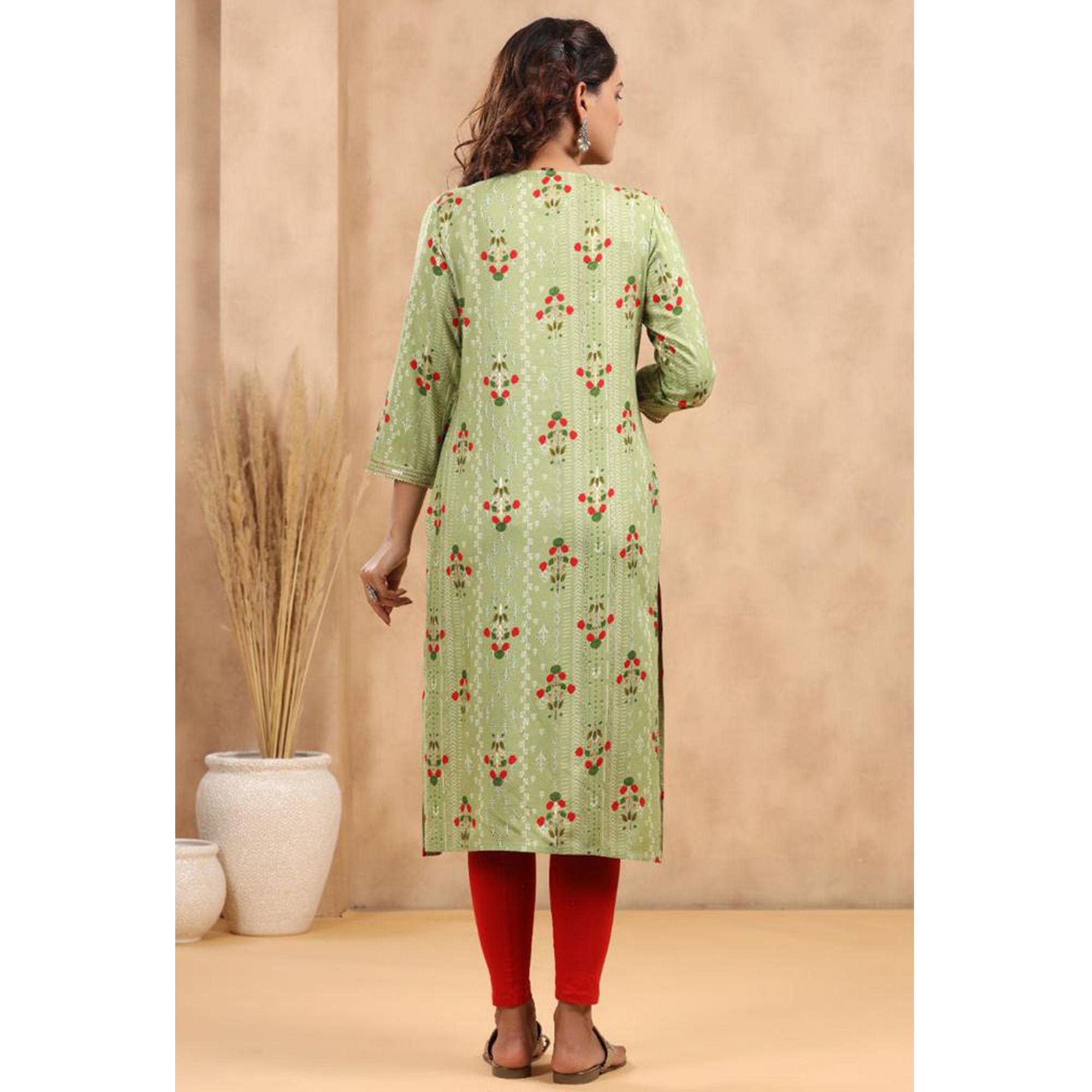Green Casual Wear Floral Print With Sequence Rayon Kurti - Peachmode