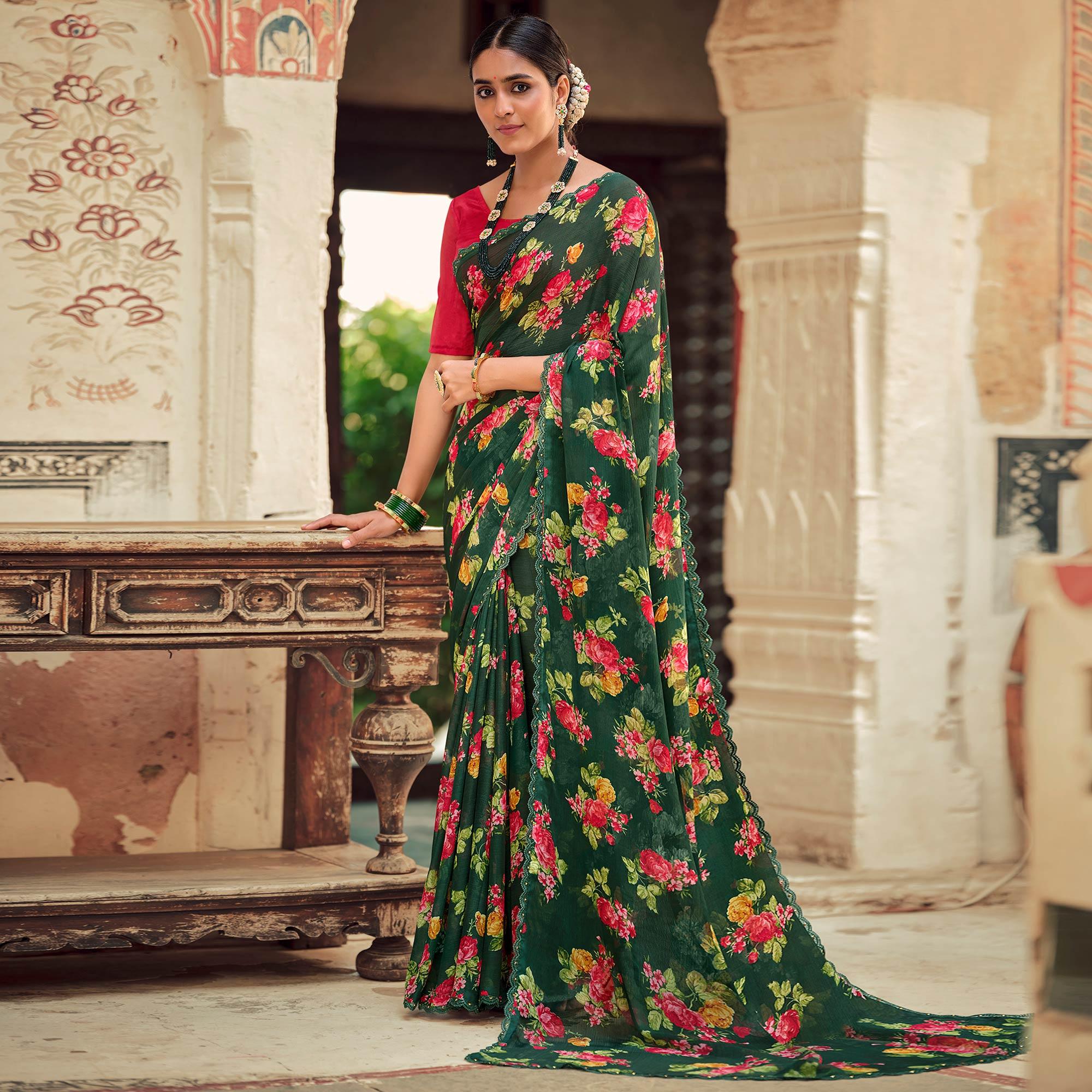 Green Casual Wear Floral Printed Alfino Saree With Fancy Diamond Lace - Peachmode