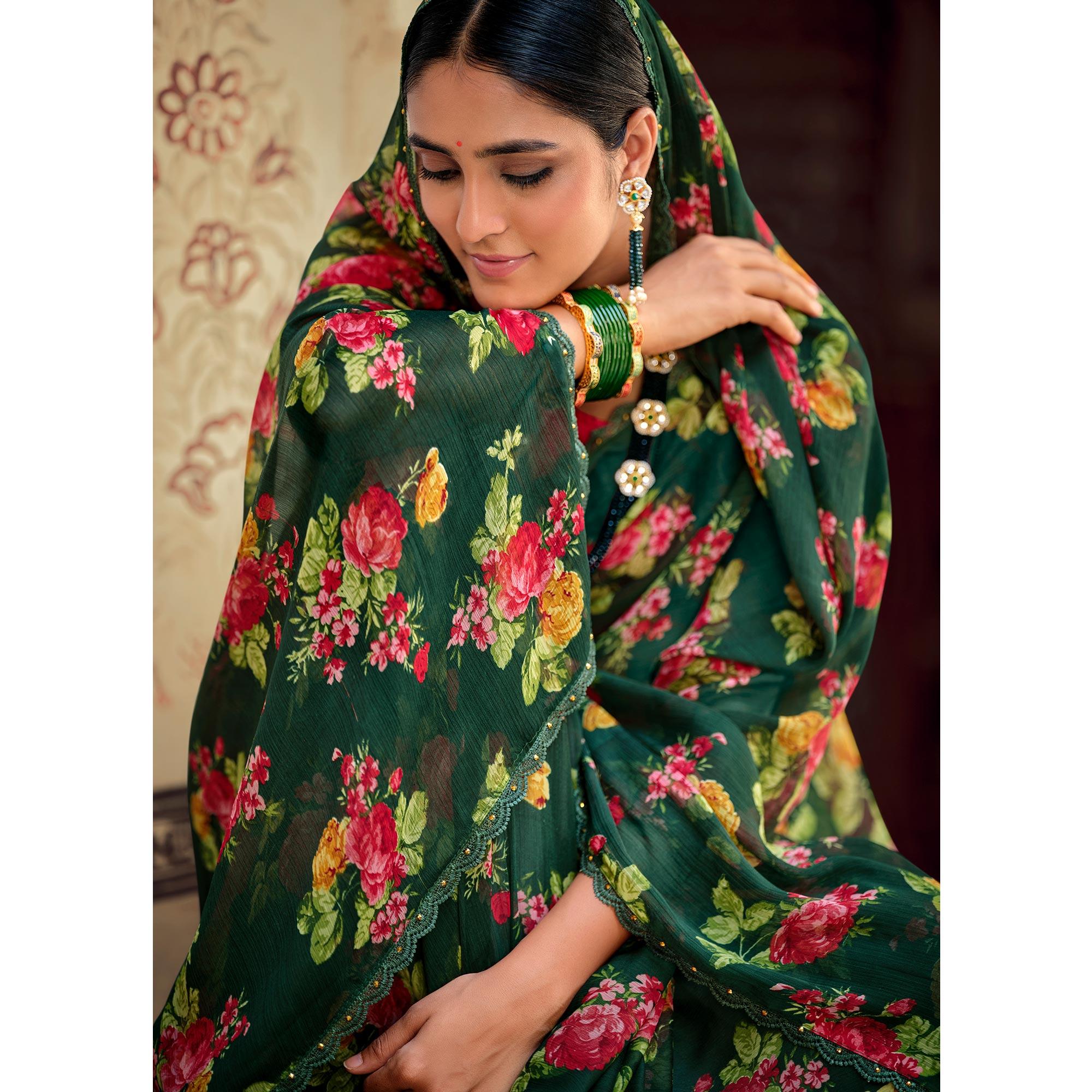 Green Casual Wear Floral Printed Alfino Saree With Fancy Diamond Lace - Peachmode
