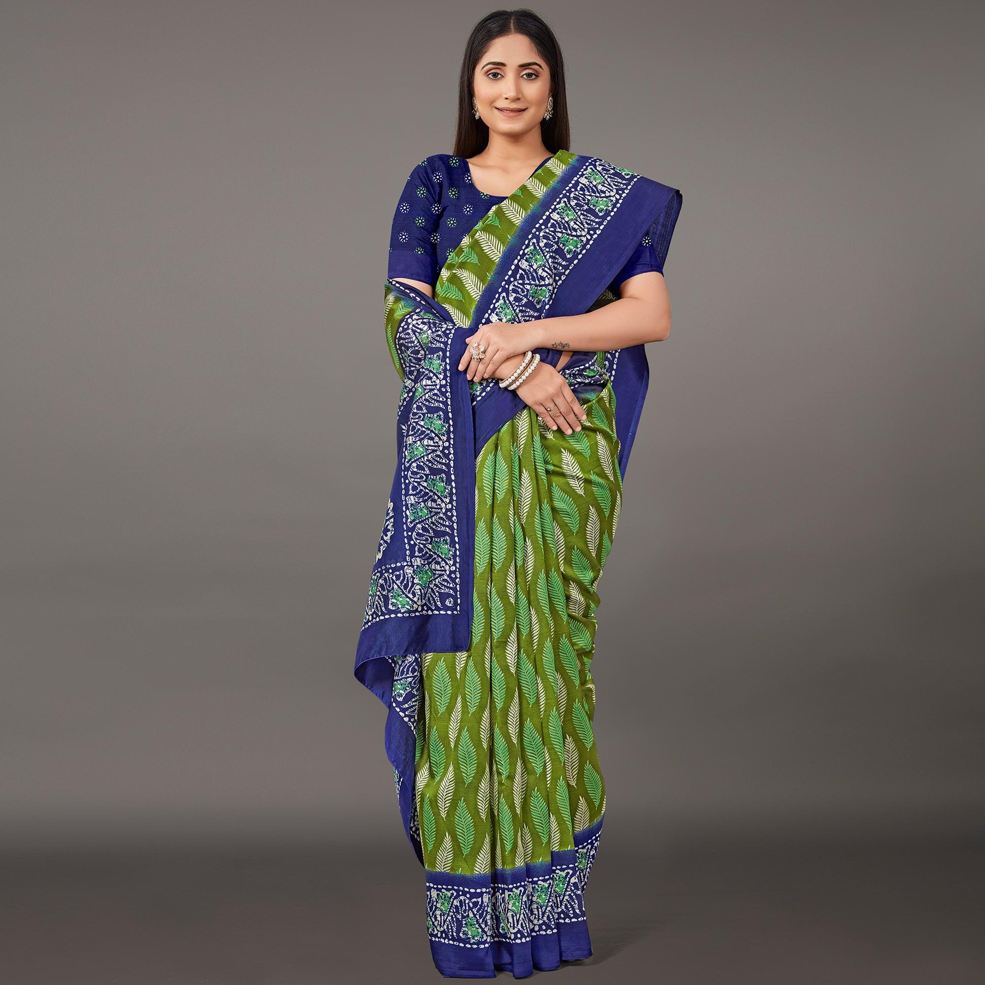 Green Casual Wear Floral Printed Art Silk Saree - Peachmode