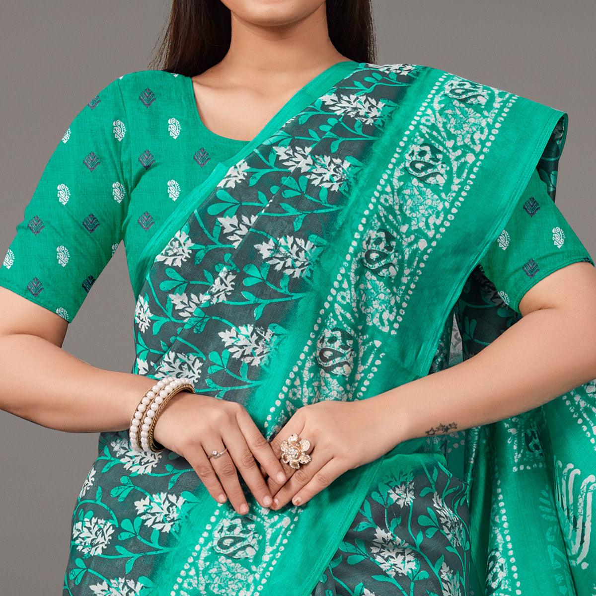 Green Casual Wear Floral Printed Art Silk Saree - Peachmode