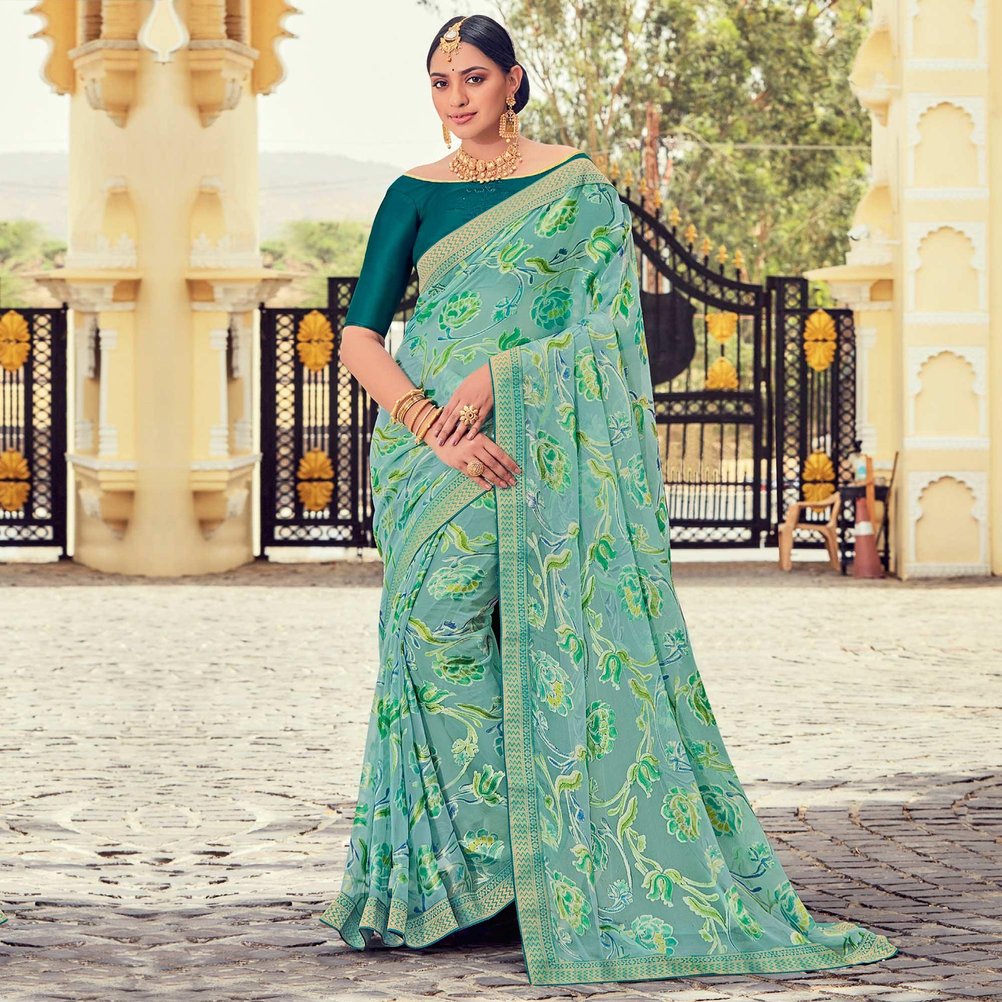 Green Casual Wear Floral Printed Brasso Saree - Peachmode