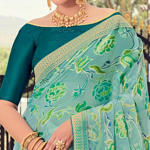 Green Casual Wear Floral Printed Brasso Saree - Peachmode