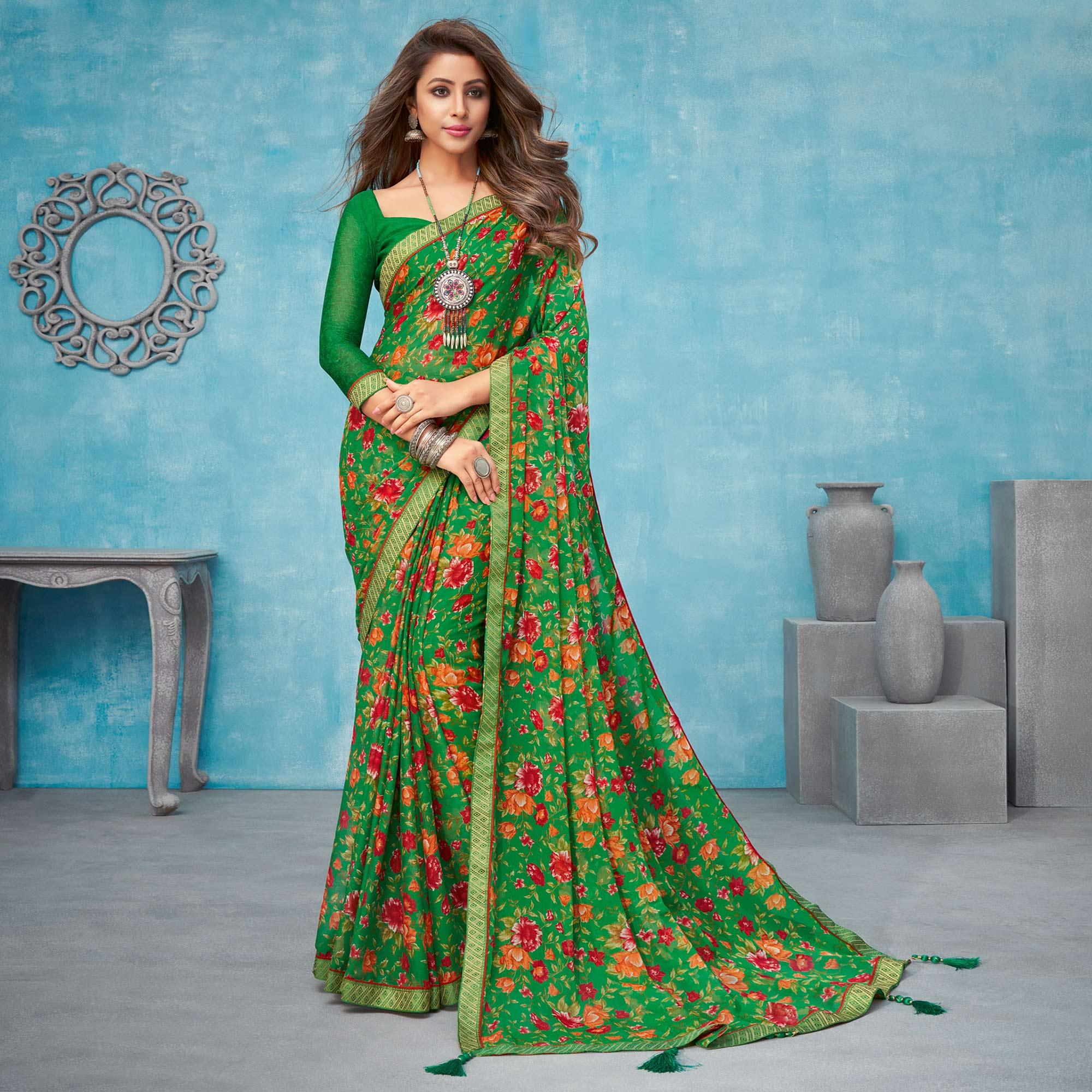 Green Casual Wear Floral Printed Chiffon Saree - Peachmode