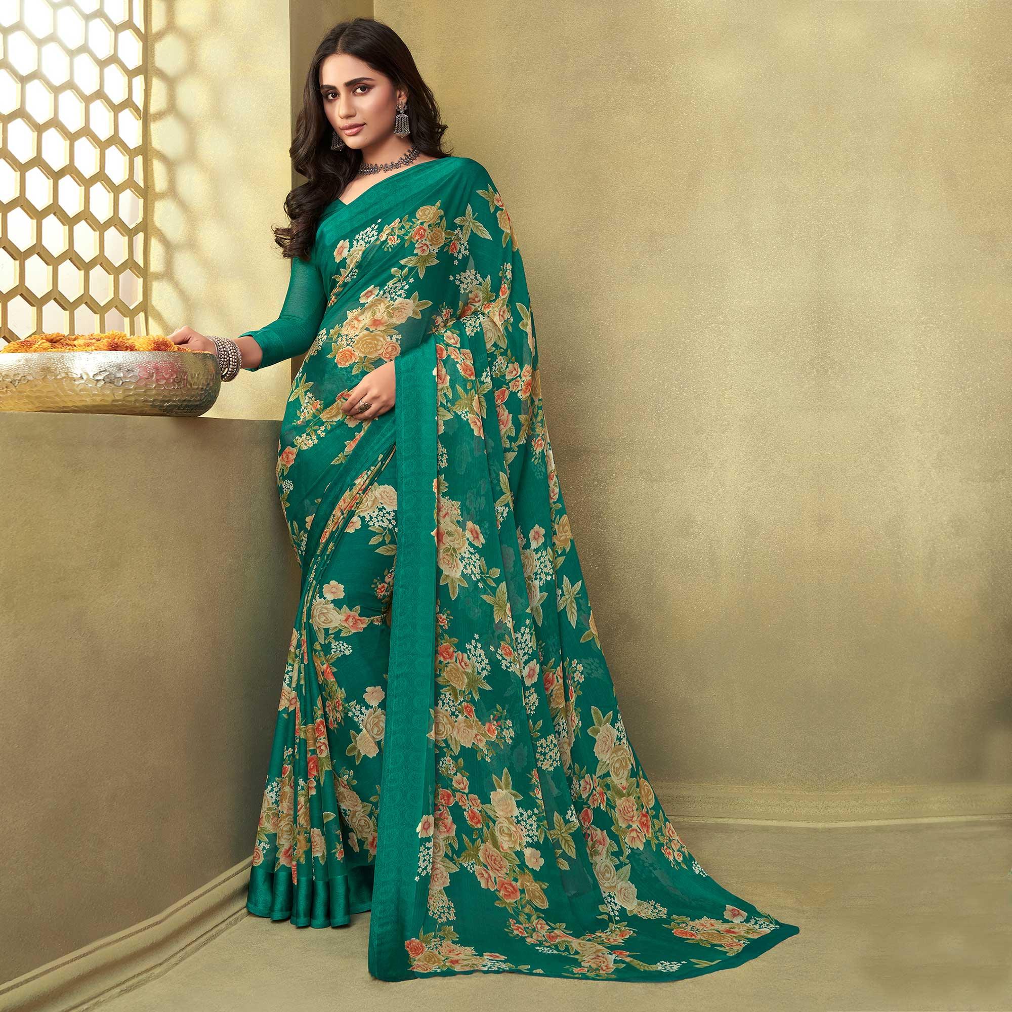 Green Casual Wear Floral Printed Chiffon Saree - Peachmode