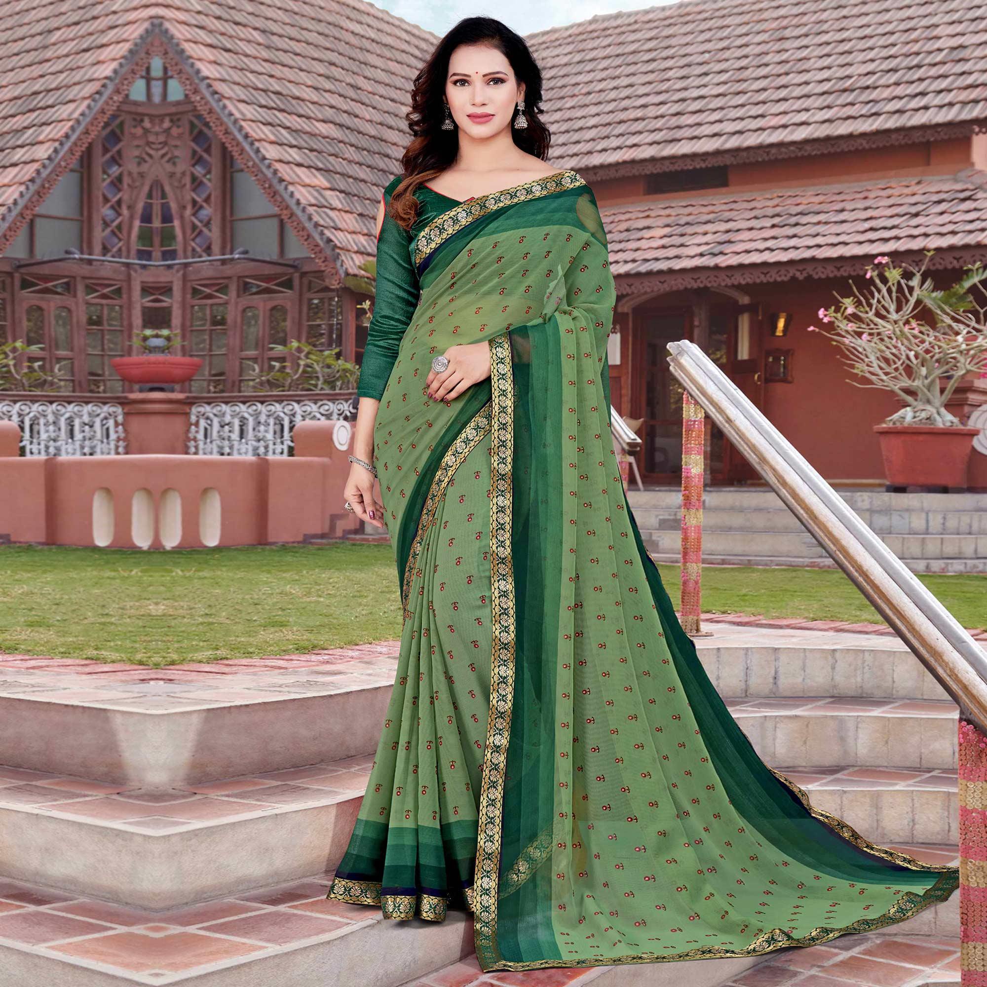 Green Casual Wear Floral Printed Chiffon Saree - Peachmode