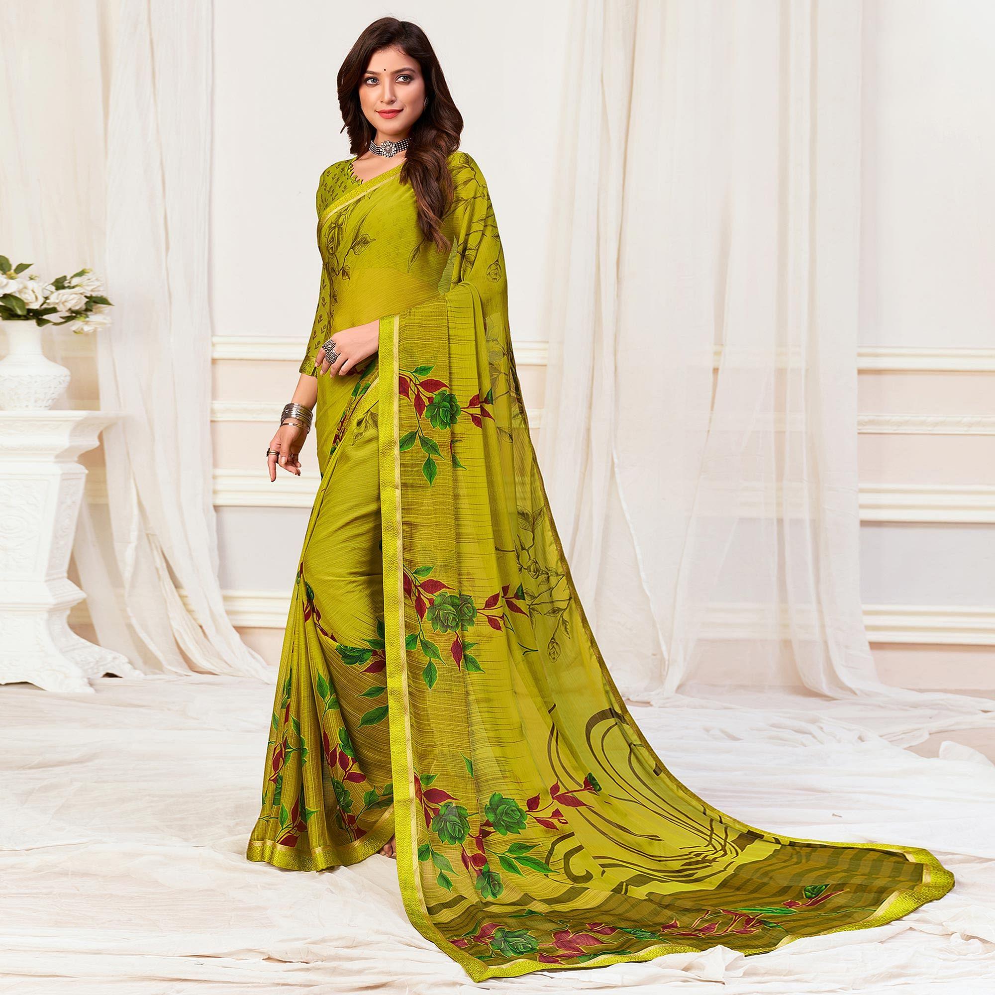 Green Casual Wear Floral Printed Chiffon Saree - Peachmode