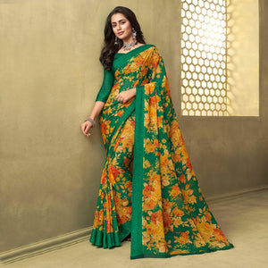 Green Casual Wear Floral Printed Chiffon Saree - Peachmode