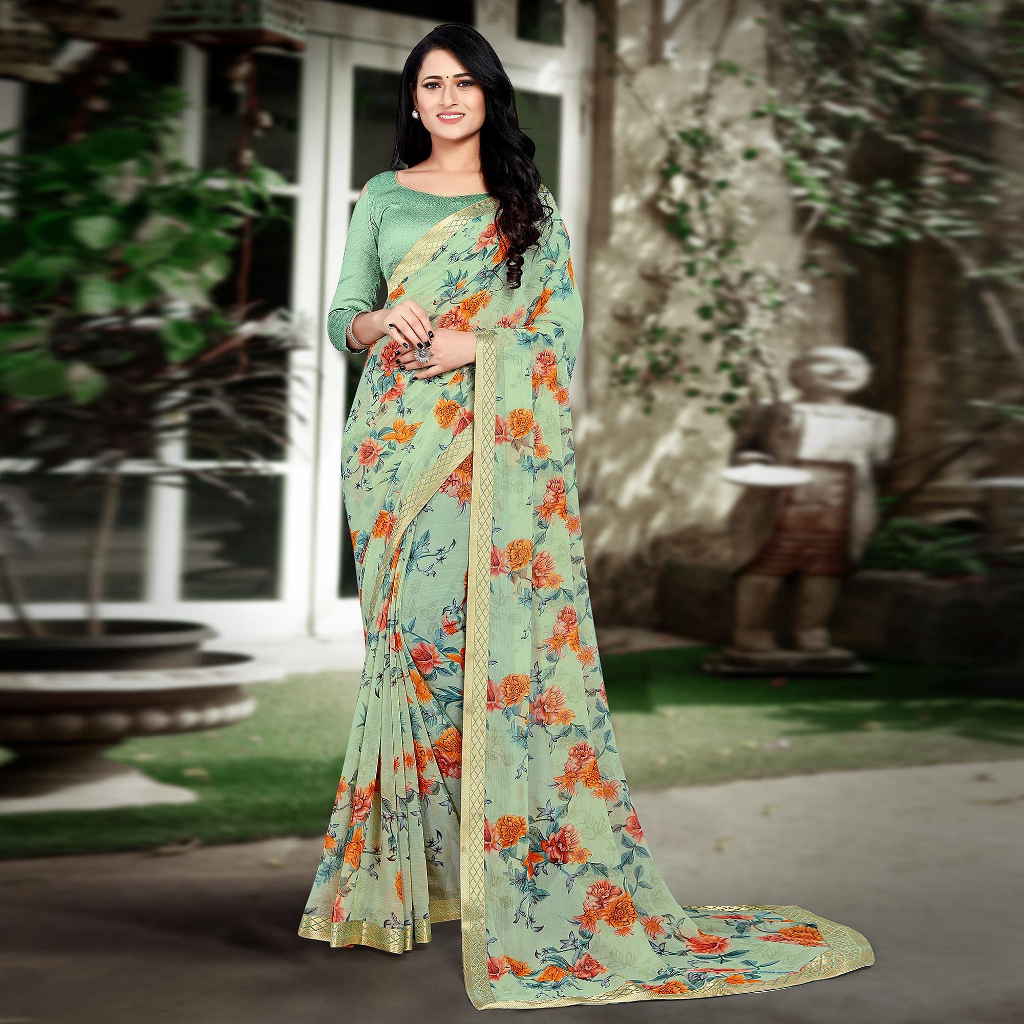 Green Casual Wear Floral Printed Chiffon Saree - Peachmode