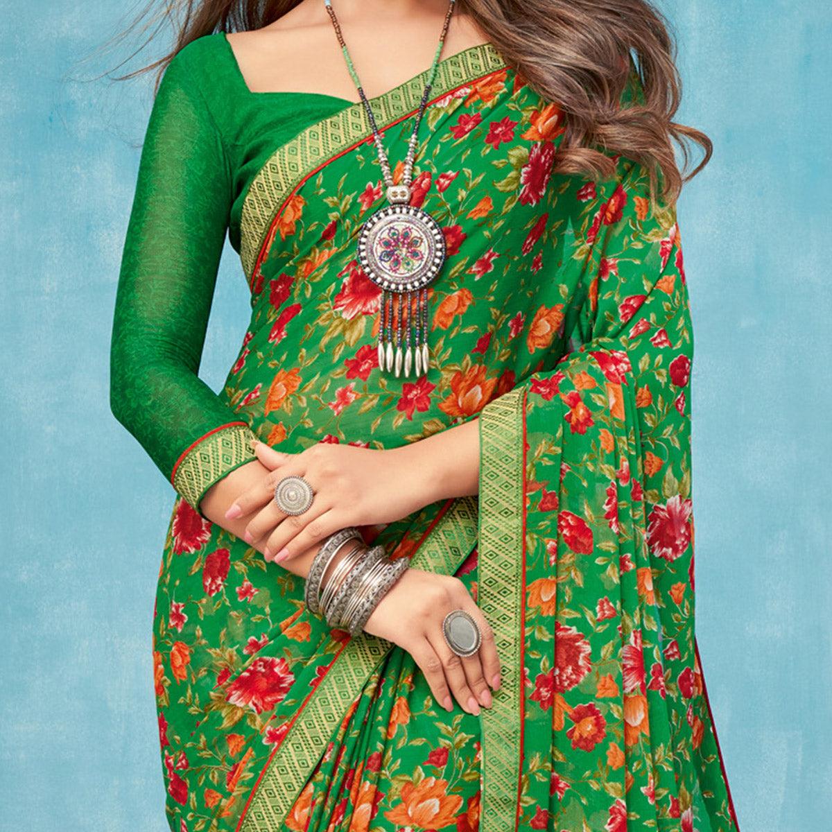 Green Casual Wear Floral Printed Chiffon Saree - Peachmode