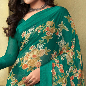 Green Casual Wear Floral Printed Chiffon Saree - Peachmode