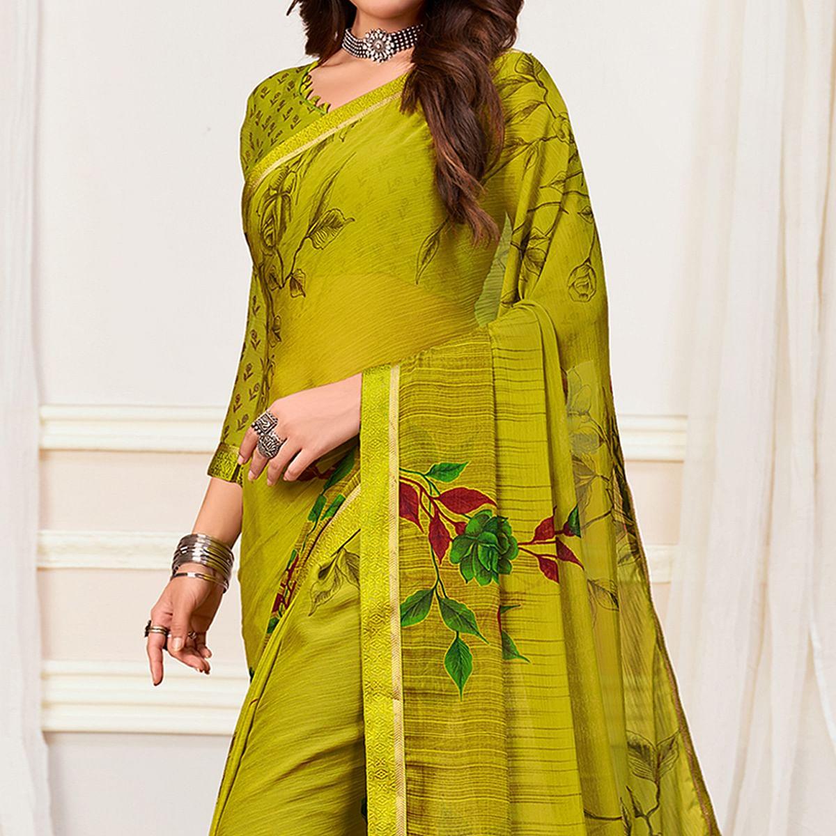 Green Casual Wear Floral Printed Chiffon Saree - Peachmode