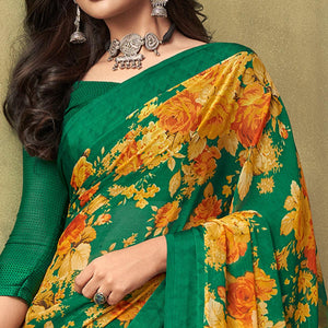 Green Casual Wear Floral Printed Chiffon Saree - Peachmode