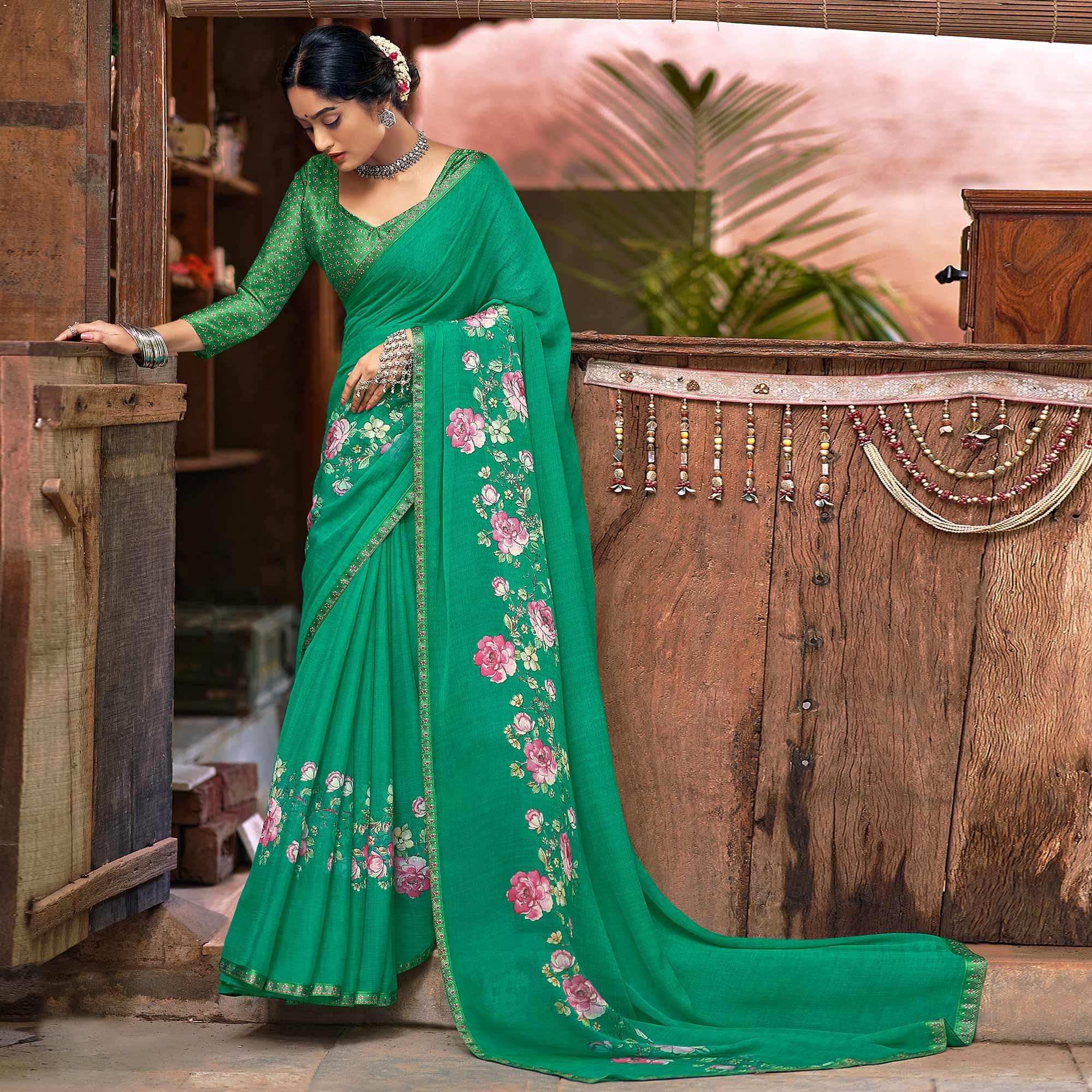 Green Casual Wear Floral Printed Chiffon Saree With Fancy Blouse - Peachmode
