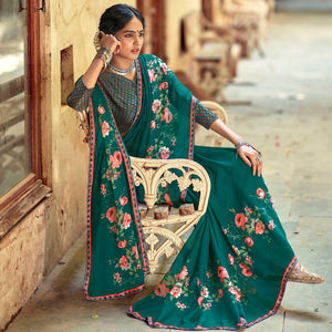 Green Casual Wear Floral Printed Chiffon Saree With Fancy Blouse - Peachmode