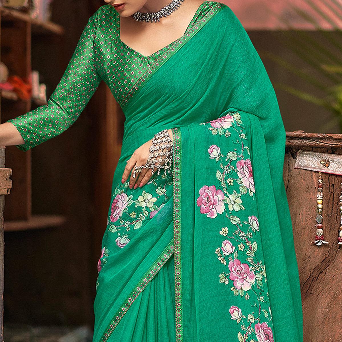 Green Casual Wear Floral Printed Chiffon Saree With Fancy Blouse - Peachmode