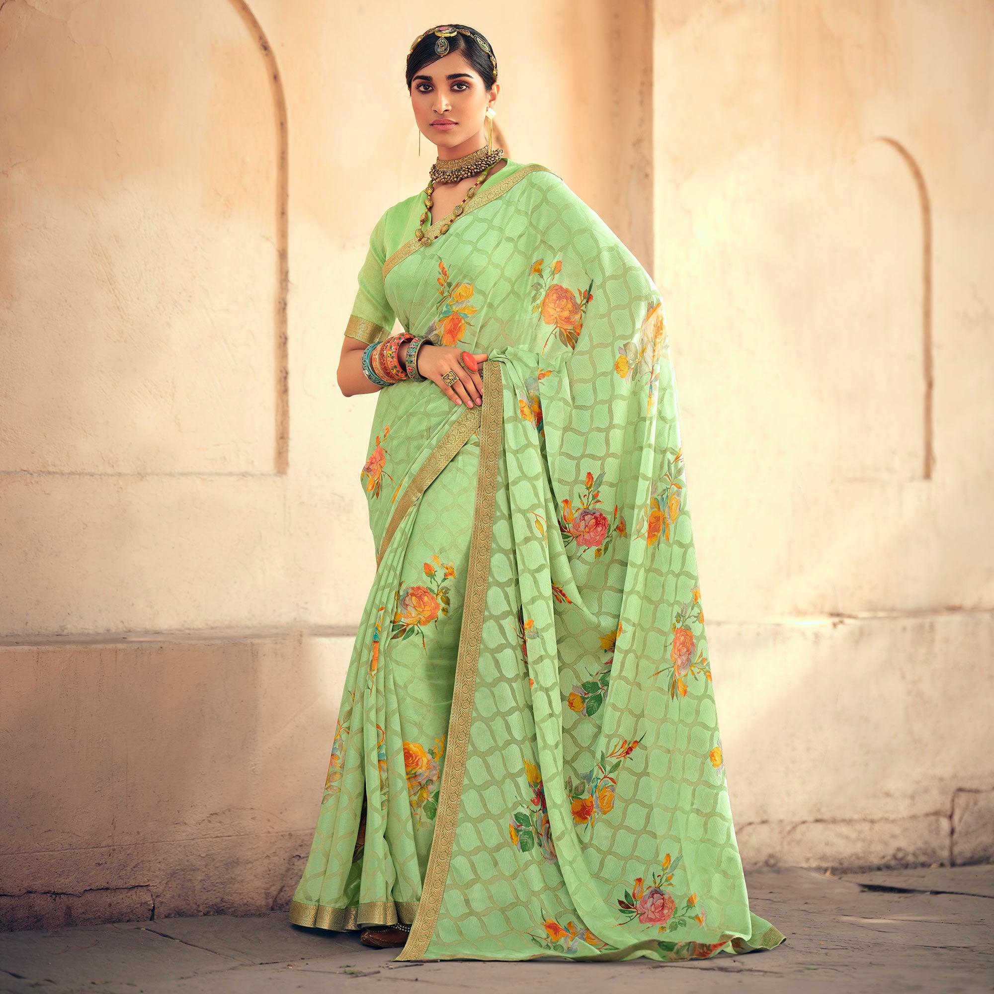 Green Casual Wear Floral Printed Chiffon Saree With Fancy Lace - Peachmode