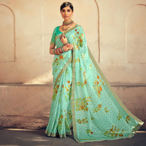 Green Casual Wear Floral Printed Chiffon Saree With Fancy Lace - Peachmode