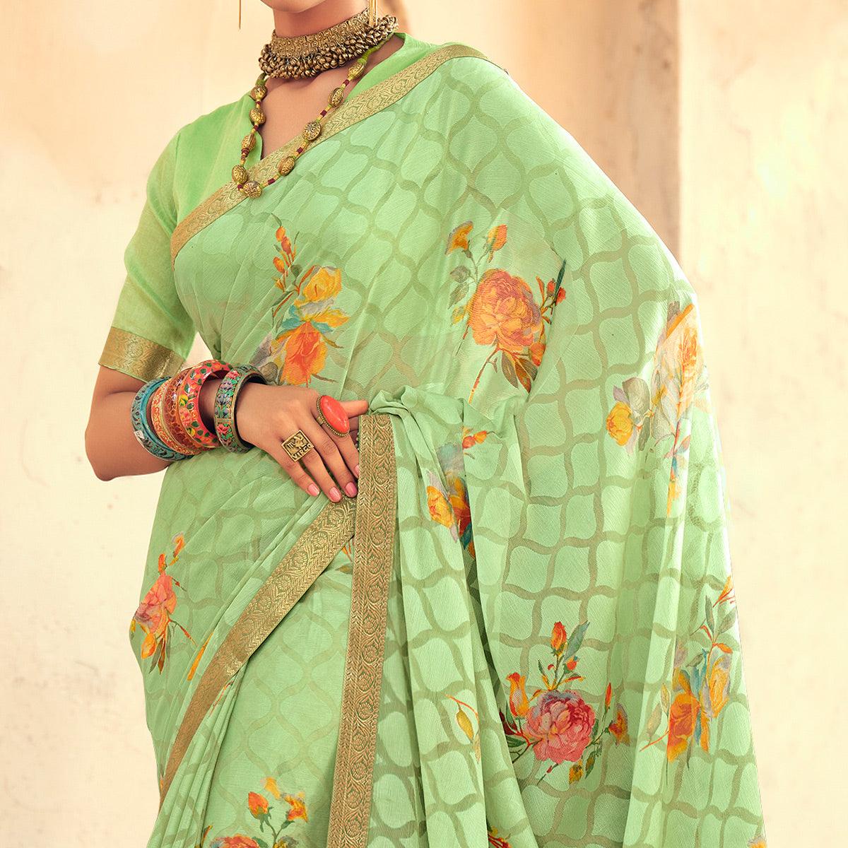 Green Casual Wear Floral Printed Chiffon Saree With Fancy Lace - Peachmode