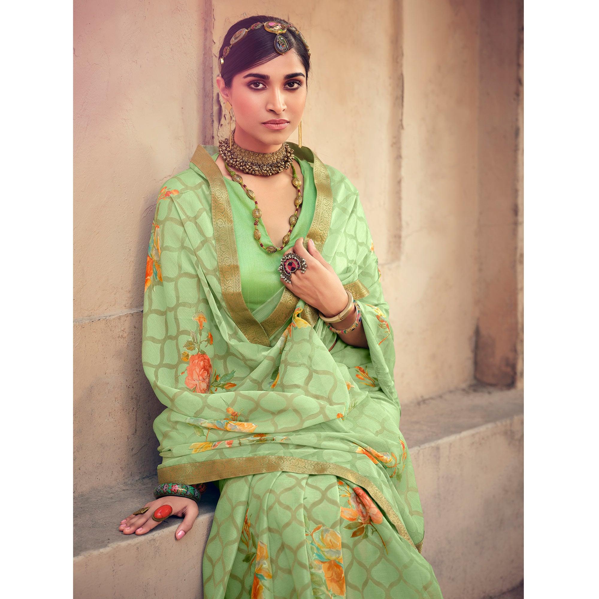 Green Casual Wear Floral Printed Chiffon Saree With Fancy Lace - Peachmode
