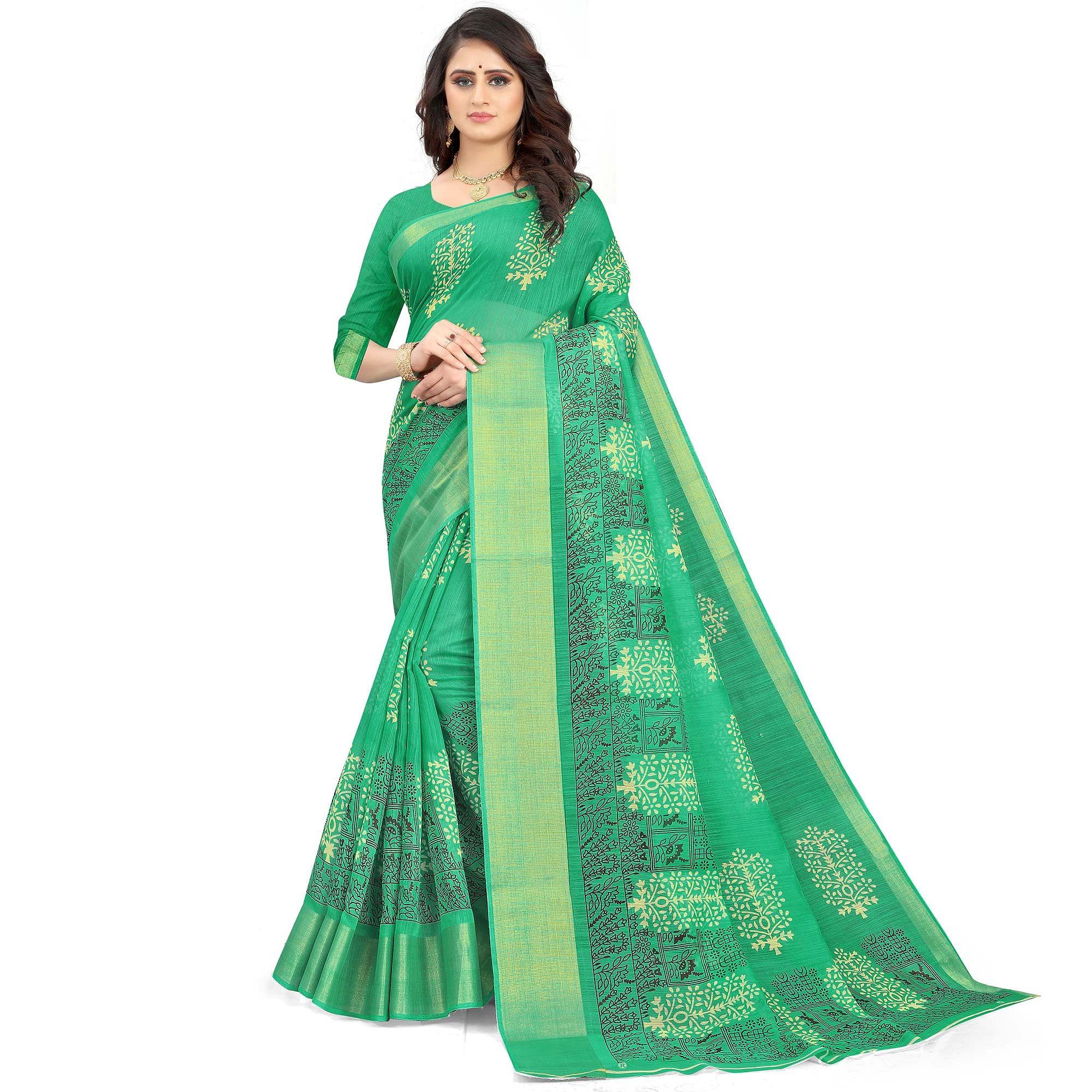 Green Casual Wear Floral Printed Cotton Linen Saree - Peachmode