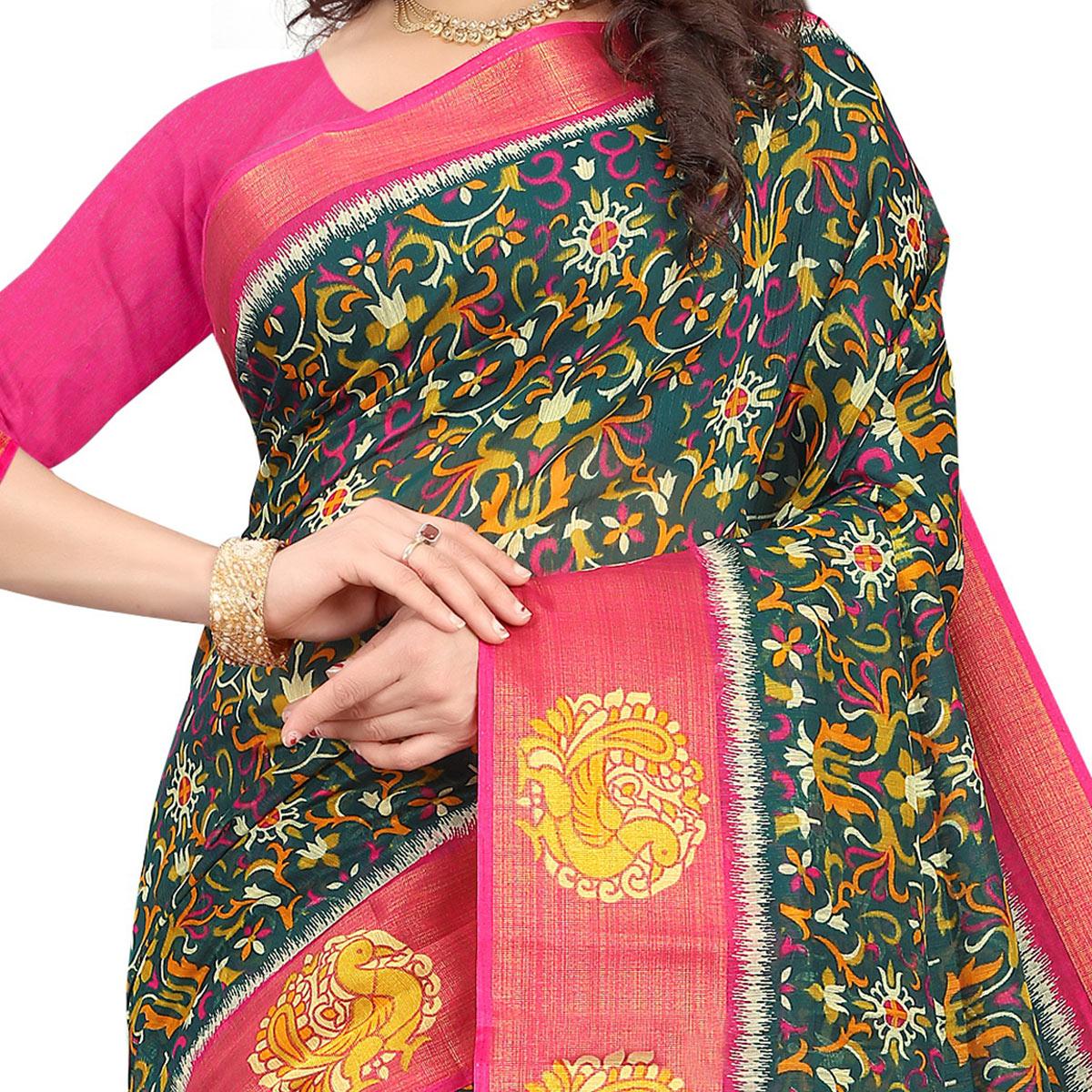 Green Casual Wear Floral Printed Cotton Linen Saree - Peachmode
