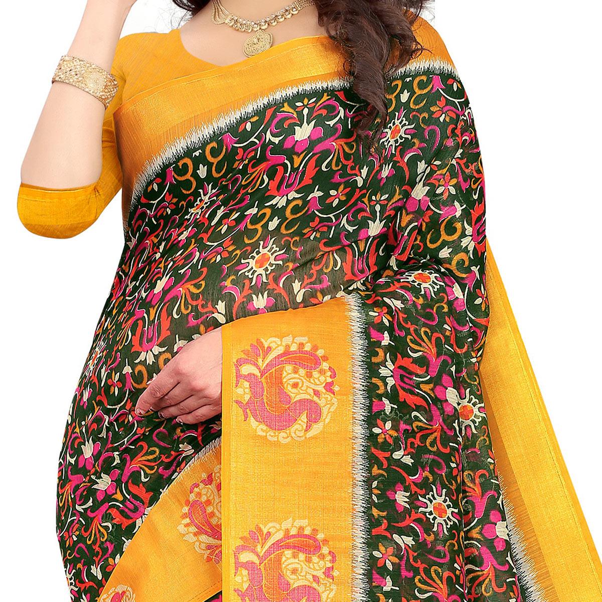 Green Casual Wear Floral Printed Cotton Linen Saree - Peachmode