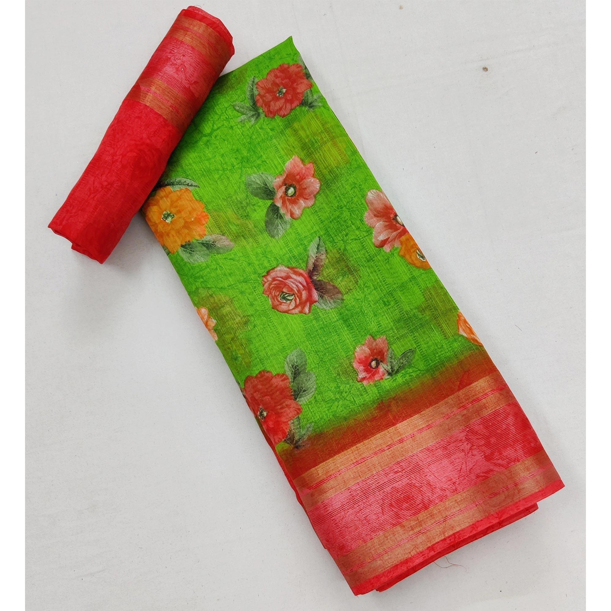Green Casual Wear Floral Printed Cotton Saree With Woven Border - Peachmode