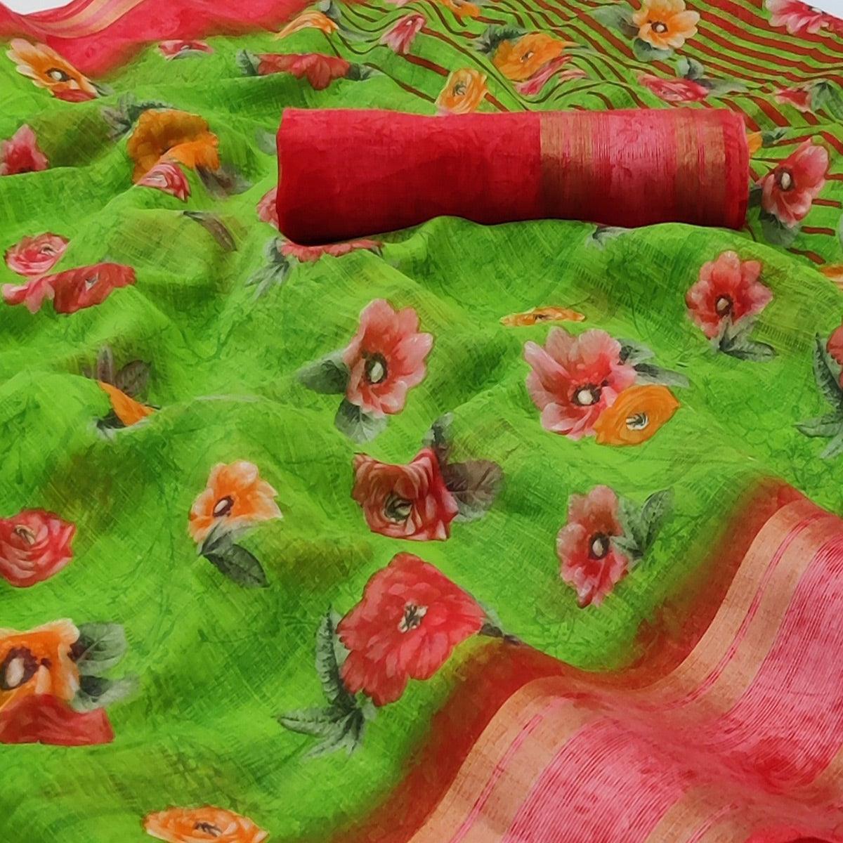 Green Casual Wear Floral Printed Cotton Saree With Woven Border - Peachmode