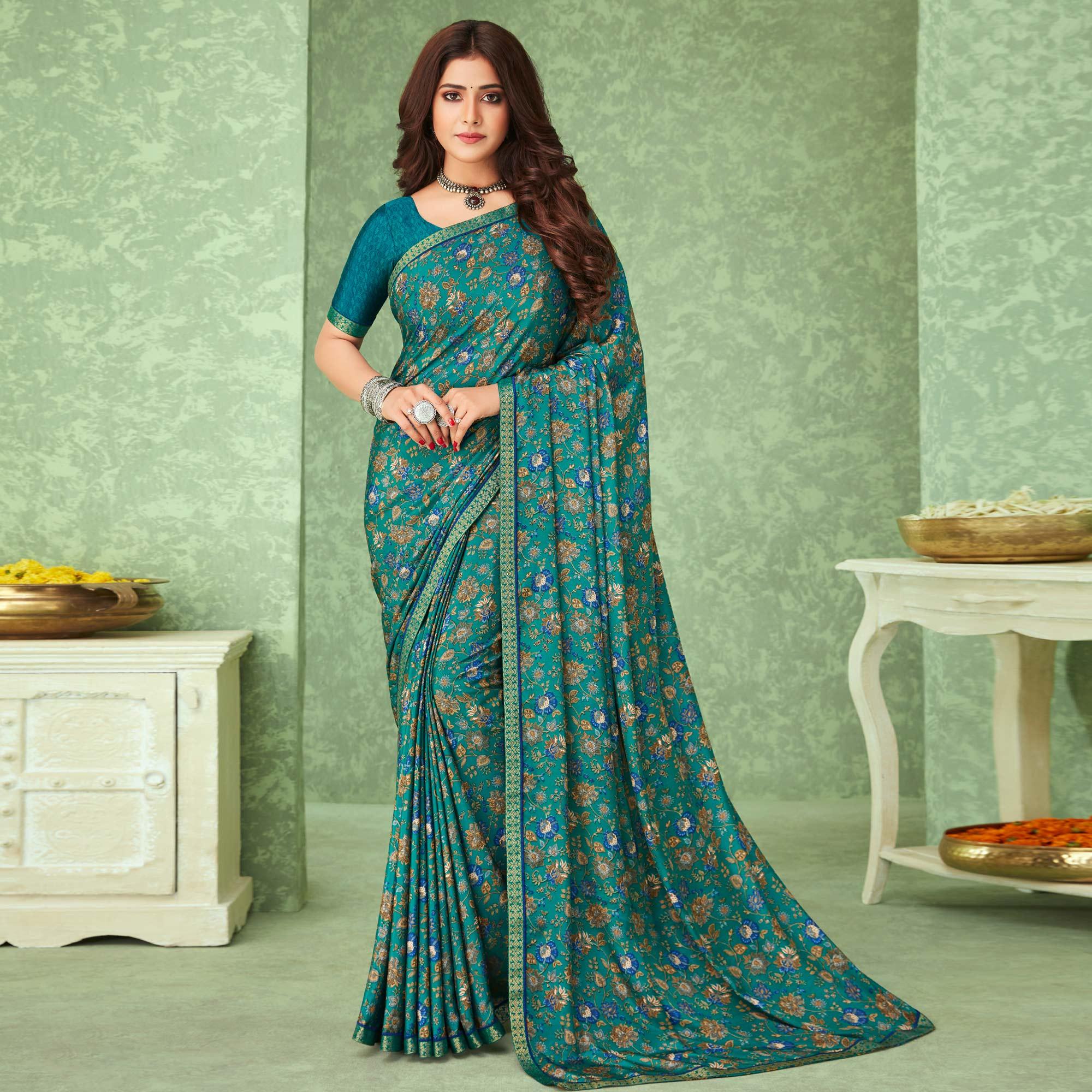 Green Casual Wear Floral Printed Crepe Saree With Banarasi Border - Peachmode