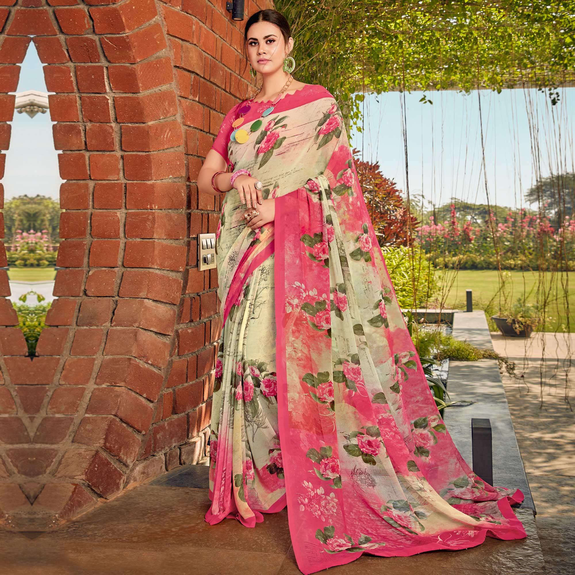 Green Casual Wear Floral Printed Georgette Saree - Peachmode